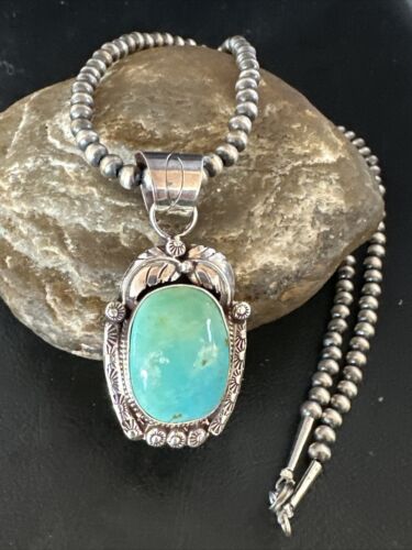 Navajo Pearls Blue Turquoise Necklace Pendant | Sterling Silver | Authentic Native American Handmade | 14880