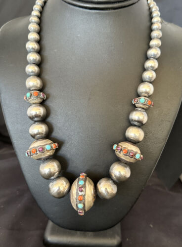 Turquoise Spiny Oyster Navajo Pearl Graduated Sterling Silver Necklace | 21" | 16618