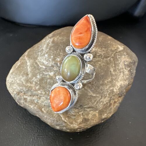 Navajo Green Turquoise Spiny Oyster Multi-Stone Ring | Authentic Native American Sterling Silver | Sz 10 | 16713