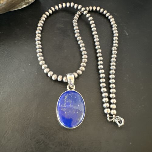 Navajo Blue Lapis Pendant with Pearls | Sterling Silver Necklace | 20" | Authentic Native American Handmade | 16663