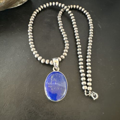 Navajo Blue Lapis Pendant with Pearls | Sterling Silver Necklace | 20" | Authentic Native American Handmade | 16663