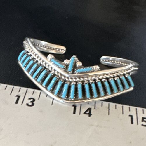 Native American Zuni Blue Turquoise Needle Point Cluster Cuff Bracelet | Sterling Silver | Handmade Southwestern Jewelry | 15068