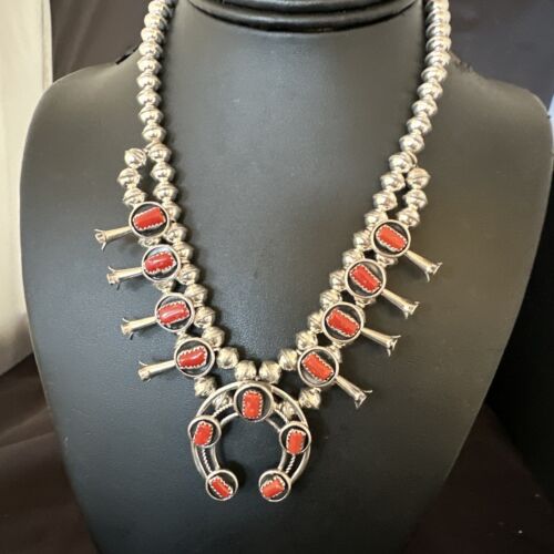 Navajo Red Coral Shadowbox Squash Blossom Necklace | Sterling Silver | 17" | Authentic Native American Handmade | 16118