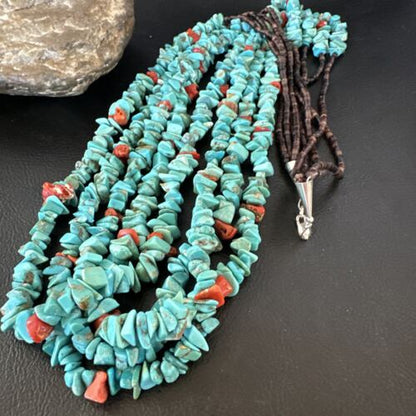 Navajo Blue Turquoise & Spiny Shell Heishi Necklace | Sterling Silver | 30" | Authentic Native American Handmade | 16072