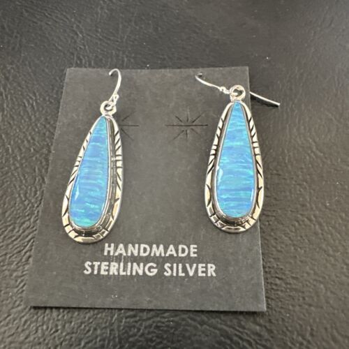 New Blue Opal Inlay Dangle Earrings | Sterling Silver | Authentic Native American Handmade | 16548