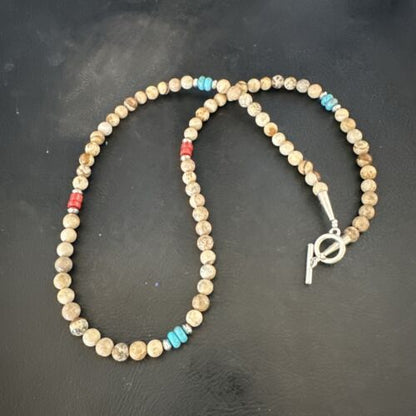 Navajo Turquoise Coral Picture Jasper Necklace | Sterling Silver | 20" | Authentic Native American Handmade | 17608
