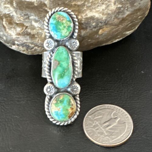 Navajo Green Sonoran Gold Turquoise Multi-Stone Ring | Authentic Native American Sterling Silver | Sz 8 | 16289