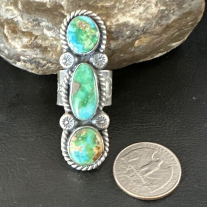 Navajo Green Sonoran Gold Turquoise Multi-Stone Ring | Authentic Native American Sterling Silver | Sz 8 | 16289