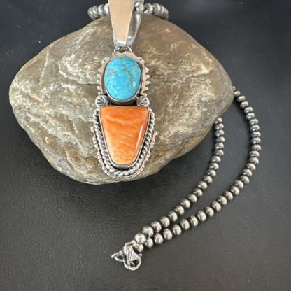 Navajo Blue Kingman Turquoise Spiny Pendant Necklace | Sterling Silver | Multi-Stone | 16825
