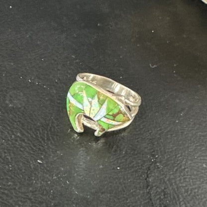 Navajo Bear Inlay Ring | Opal Green Turquoise | Sz 9.5 | Authentic Native American Handmade | 15396