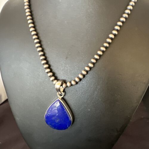 Navajo Blue Lapis Pendant with Pearls | Sterling Silver Necklace | 20" | Authentic Native American Handmade | 16670