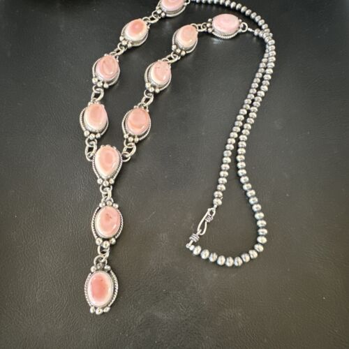 Navajo Pink Conch Lariat Necklace | Sterling Silver Pendant | 30" | Authentic Native American Handmade | 15870