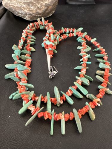 Navajo Green Turquoise Coral Stick Bead Necklace | Sterling Silver | 22" | Authentic Native American Handmade | 17255