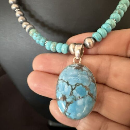 Navajo Blue Spiderweb Turquoise Pendant Necklace | Sterling Silver | Authentic Native American Handmade | 17080