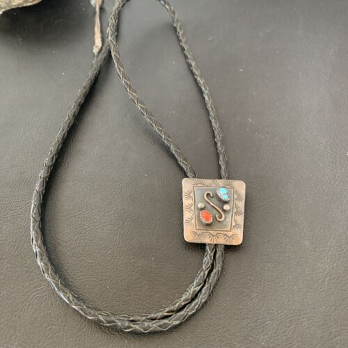 Navajo Turquoise Coral Bolo Tie | Sterling Silver | Authentic Native American Handmade | 02003 Bolo