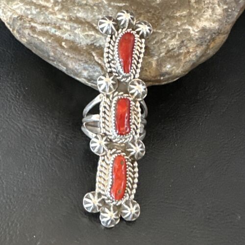 Navajo Red Coral Cluster Ring | Authentic Native American Sterling Silver | Multi-Stone | Sz 11.5 | 16329