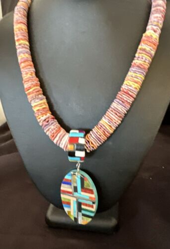 Santo Domingo Multi-Color Spiny Inlay Pendant Necklace | Sterling Silver | 32" | 16854