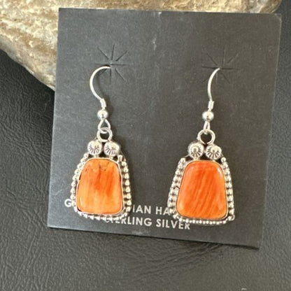 Navajo Orange Spiny Oyster Dangle Earrings | Sterling Silver | Authentic Native American Handmade | 17274