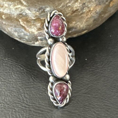 Navajo Purple Spiny Oyster & Mother of Pearl Cluster Ring | Authentic Native American Sterling Silver | Multi-Stone | Sz 7 | 17646
