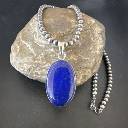 Navajo Blue Lapis Pendant with Pearls | Sterling Silver Necklace | 20" | Authentic Native American Handmade | 16661