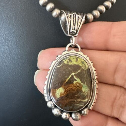 Navajo Green Gaspeite Pendant Necklace | Sterling Silver | Authentic Native American Handmade | 17424