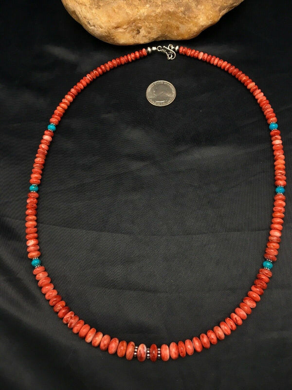 Authentic Native American Navajo Graduated Red Spiny Oyster Necklace | Sterling Silver | 22" | 4096