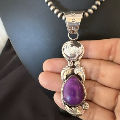 White Buffalo Turquoise & Sugilite Pendant | Navajo Pearls | Sterling Silver | Native American Handmade | 16871
