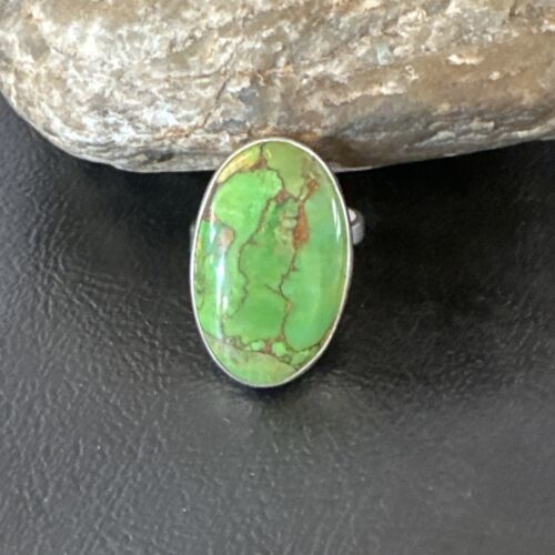 Navajo Green Mojave Turquoise Ring | Sterling Silver | Sz 8 Adjustable | Authentic Native American Handmade | 16146