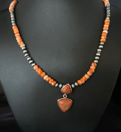 Women's Navajo | Sterling Silver | Orange Spiny Oyster Pendant Necklace | Multi-Stone | 14848