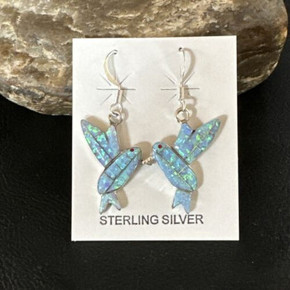 Navajo Blue Opal Hummingbird Earrings | Sterling Silver | 1" | Authentic Native American Handmade | 15088