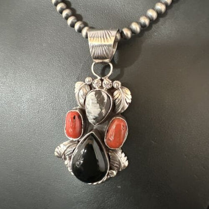 Navajo White Buffalo Coral Onyx Pearls Cluster Pendant | Sterling Silver | Native American Handmade | 15371