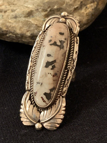 Navajo White Buffalo Turquoise Ring | Sterling Silver | Sz 10.5 | Authentic Native American Handmade | 314