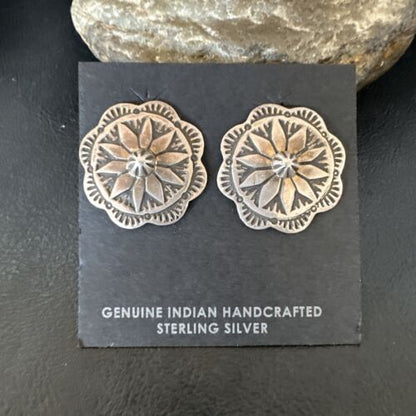 Navajo Sterling Silver Stamped Round Earrings | Authentic Native American Handmade | 15937