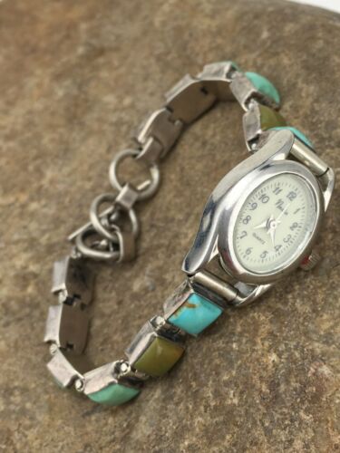 Navajo Blue Green Turquoise Watch Tips | Sterling Silver | Vintage | 7" | Authentic Native American Jewelry | 04916