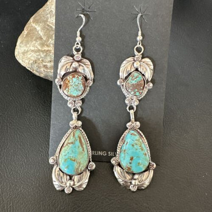 Navajo Blue Turquoise #8 Dangle Earrings | Sterling Silver | Authentic Native American Handmade | 16909