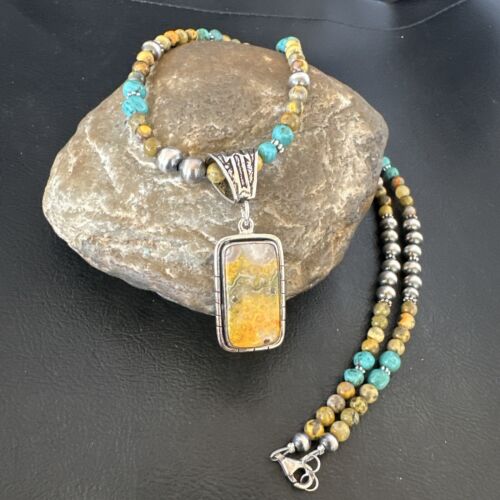 Men's BumbleBee Jasper Pendant Necklace | Navajo Pearls | Sterling Silver | Authentic Native American Handmade | 16880 - Masha USA