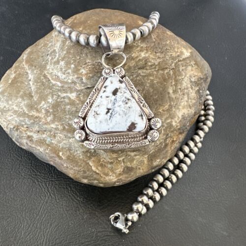 White Buffalo Turquoise Pendant | Navajo Pearls | Sterling Silver Necklace 21" | 17110