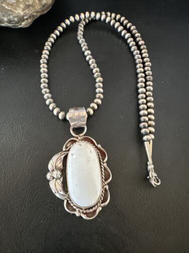 Navajo White Buffalo Turquoise Pendant Necklace | Sterling Silver | Authentic Native American Handmade | 15615