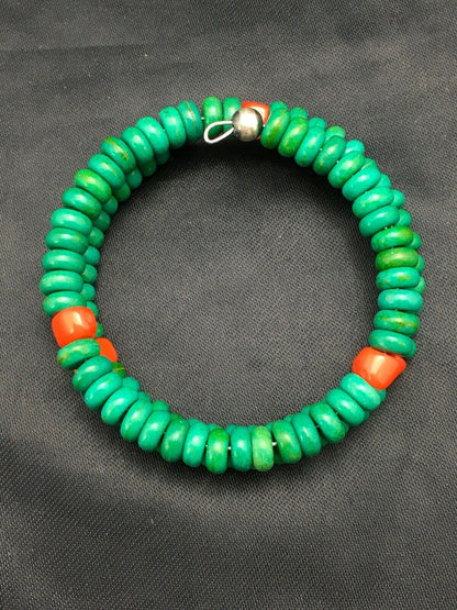 Native American Sterling Silver Bracelet | Coral & Green Turquoise | Handmade Southwestern Jewelry | 1075