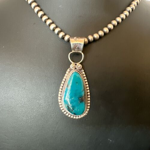 Navajo Pearls Kingman Turquoise Pendant Necklace | Sterling Silver | Authentic Native American Handmade | 17129