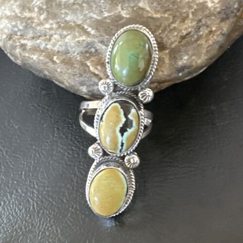 Navajo Green Royston Turquoise Multi-Stone Ring | Authentic Native American Sterling Silver | Sz 10.5 | 16722