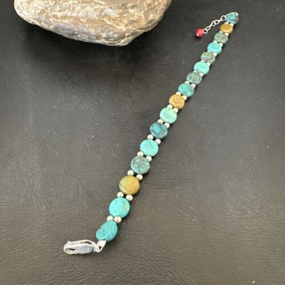 Women's Blue Turquoise Bead Bracelet | Southwestern Sterling Silver Link | 8" | 17236