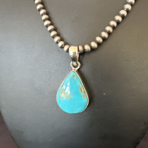 Navajo Blue Kingman Turquoise Pendant Necklace | Sterling Silver | 20" | Authentic Native American Handmade | 16674