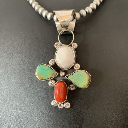 Navajo Turquoise & Coral Naja Pendant Necklace | Sterling Silver | Native American Handmade | 1477