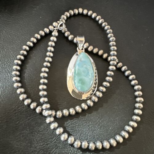 Navajo Blue Larimar Pendant Necklace | Sterling Silver Beads | Authentic Native American Handmade | 16485