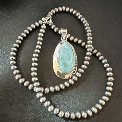 Navajo Blue Larimar Pendant Necklace | Sterling Silver Beads | Authentic Native American Handmade | 16485