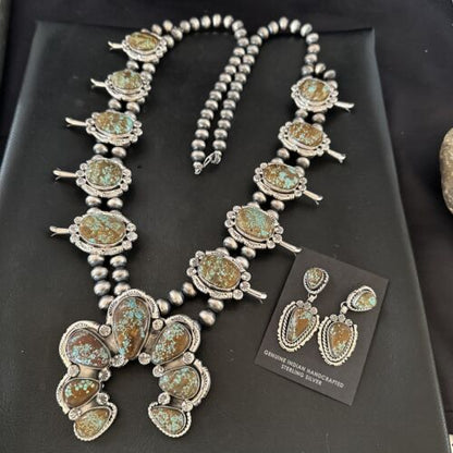 Navajo Blue Turquoise #8 Squash Blossom Necklace with Naja Earrings | Sterling Silver | 17204 - Masha USA