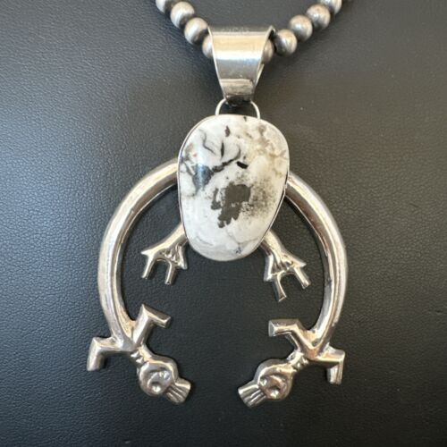 Navajo White Buffalo Turquoise Naja Pendant Necklace | Sterling Silver | Authentic Native American Handmade | 17122