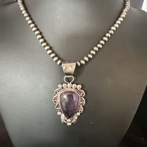 Navajo Pearls Purple Sugilite Pendant Necklace | Sterling Silver Beads | Authentic Native American Handmade | 15375