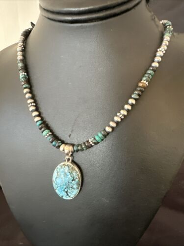 Men's Spiderweb Turquoise Pendant | Navajo Pearls Sterling Silver Necklace | Authentic Native American Handmade | 17301